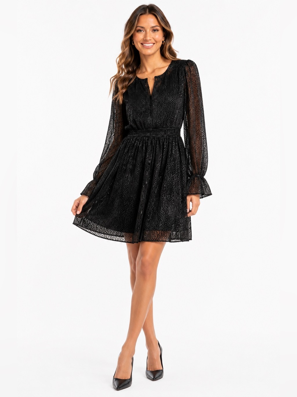 NWT Caballero Size Large Black Long-Sleeve Textured Polka Dot Tiered Mini Dress